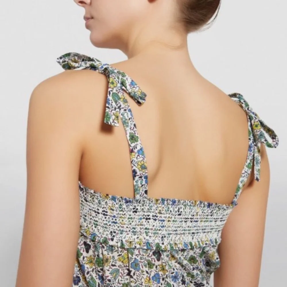 Tory Burch Smocked Floral Print Floral Cotton Voile Dress sz M NWT